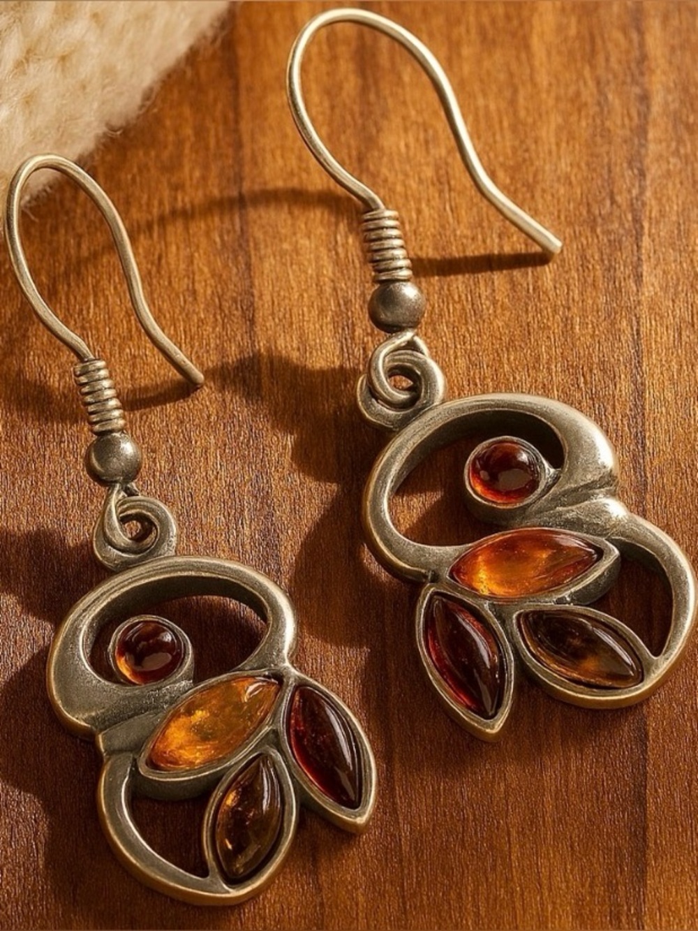 Vintage Amber Leaf Earrings Artisan Silver Abstract 1970s Modernist - Picture 3 of 4